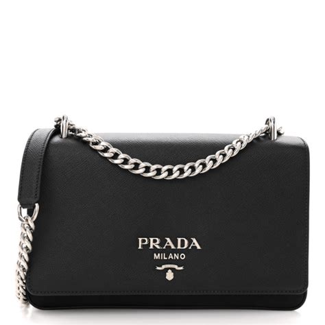 PRADA Saffiano Tessuto Nylon Chain Shoulder Bag Black 